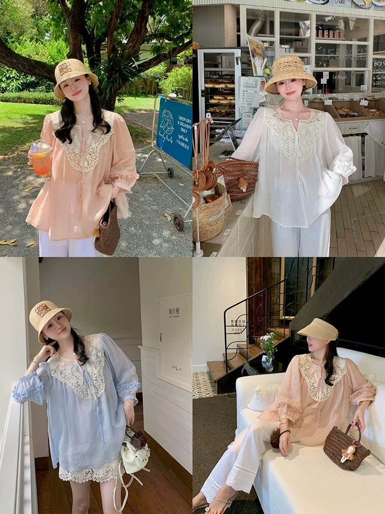 Wang Hanyan's Daisy Style 100% Ramie Heavy-Duty Patchwork Water-Soluble Lace Collar Lace Shirt Top for Women, Summer