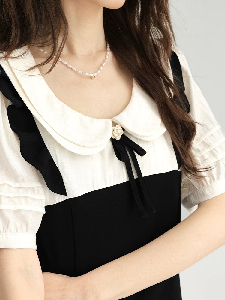 Aiqiangwei Xiaoxiang style doll collar short-sleeved women's fake two-piece dress summer a-line skirt plus size fat mm skirt