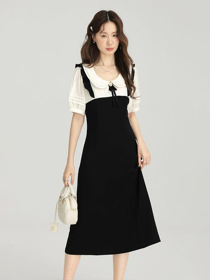 Aiqiangwei Xiaoxiang style doll collar short-sleeved women's fake two-piece dress summer a-line skirt plus size fat mm skirt