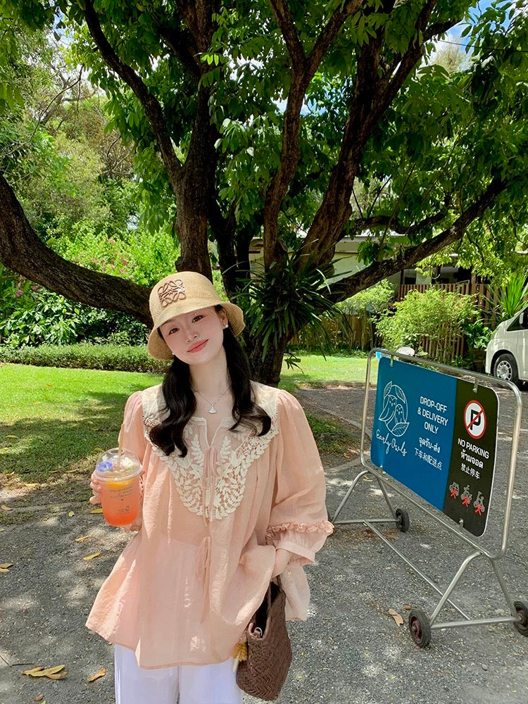 Wang Hanyan's Daisy Style 100% Ramie Heavy-Duty Patchwork Water-Soluble Lace Collar Lace Shirt Top for Women, Summer