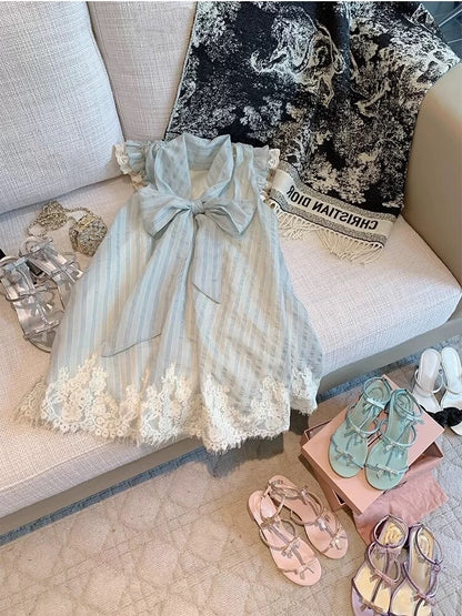 "Blue Wind Chime" Loose Girl Striped Bow Tie Slim Lace Fly Sleeve Dress