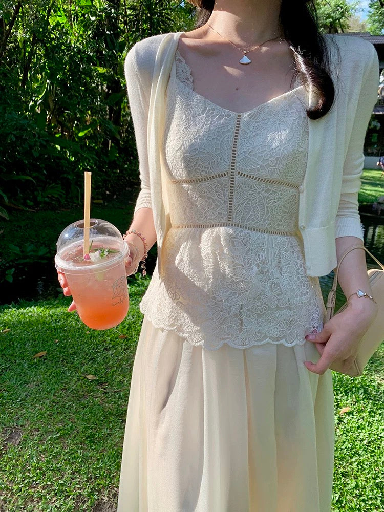 Wang Hanyan's Misty Lace French Gentle Fairy-Style Sequined Lace Slip Dress for Women's Summer