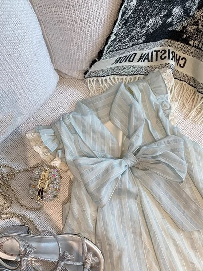 "Blue Wind Chime" Loose Girl Striped Bow Tie Slim Lace Fly Sleeve Dress