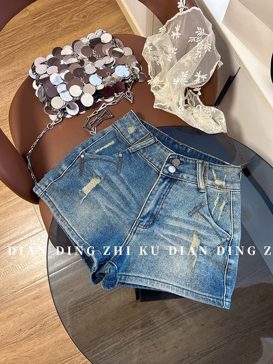 2025 Summer New Style Hot Pants Sexy Elastic Hip-hugging Pants Trendy Hong Kong Style Retro A-line Denim Shorts for Women
