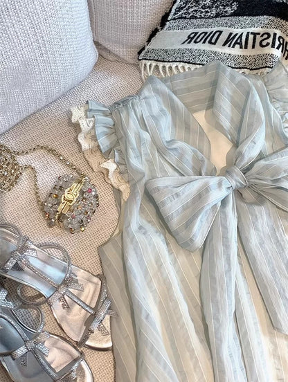 "Blue Wind Chime" Loose Girl Striped Bow Tie Slim Lace Fly Sleeve Dress