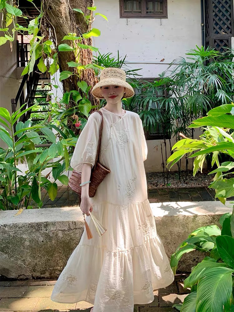 Wang Hanyan's "Qingshuiyao" Suzhou Embroidery New Chinese Style Diagonal Placket Tencel Loose-fitting Elegant Dress for Women