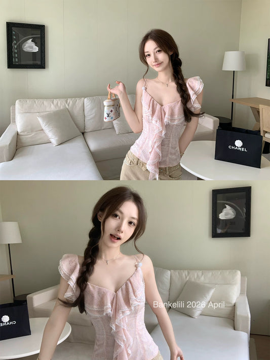 Bankelili Chestnut Cocoa 'Flower Banquet Girl' Pure and Delicate Wave Neck Beaded Camisole Top for Women, Slim Fit