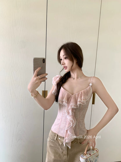 Bankelili Chestnut Cocoa 'Flower Banquet Girl' Pure and Delicate Wave Neck Beaded Camisole Top for Women, Slim Fit