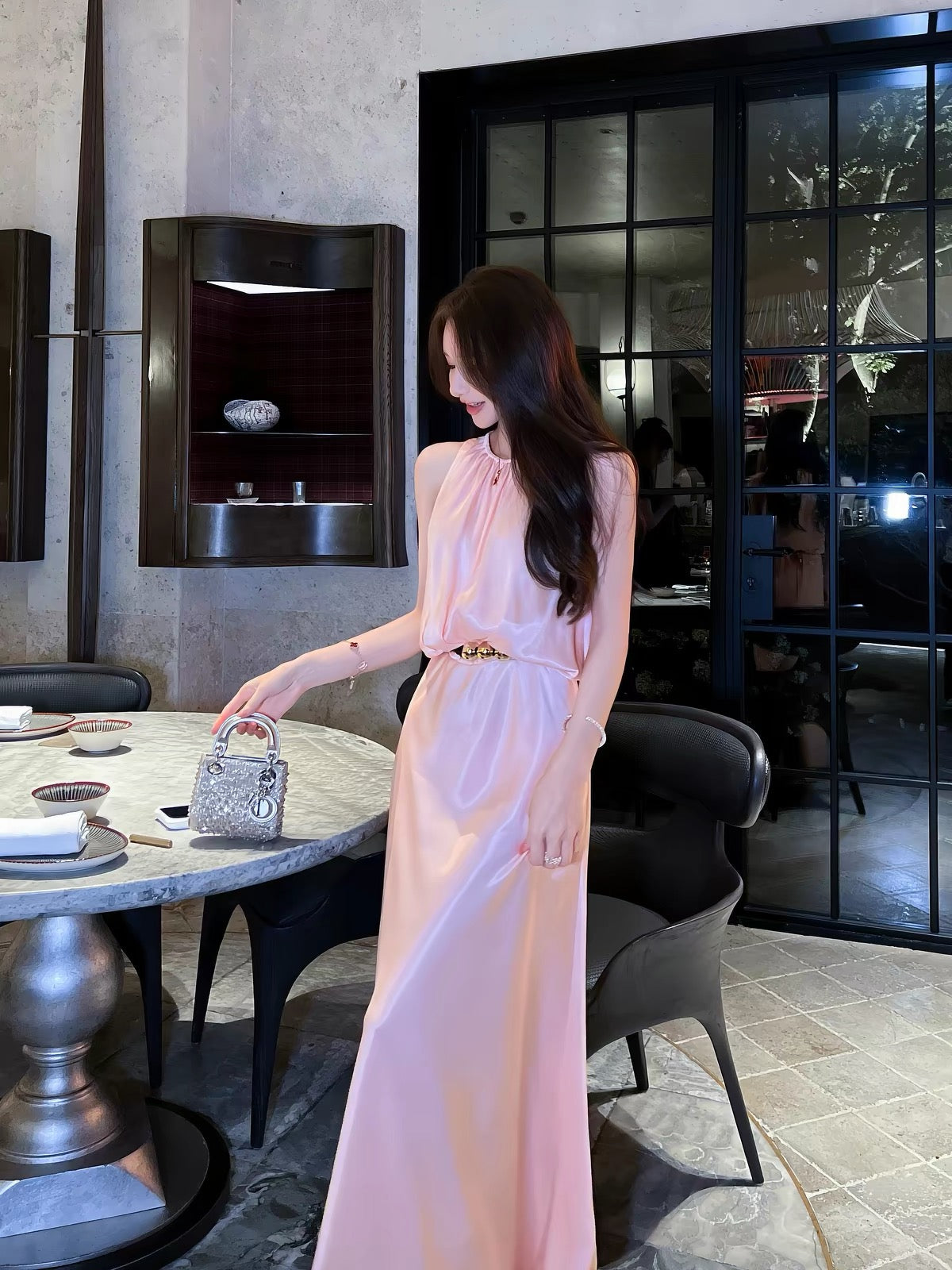 Women's Pink Cupro Halter-Neck Dress – High-Waisted A-Line French Style; Sleeveless, Knee-Length/Maxi – Suitable for Vacations and Banquets