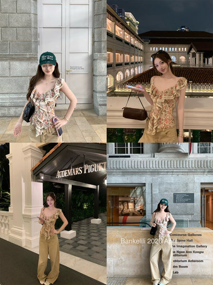 Bankelili Chestnut Cocoa 'Flower Banquet Girl' Pure and Delicate Wave Neck Beaded Camisole Top for Women, Slim Fit