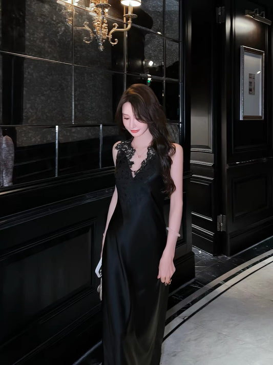 Women's Summer Acetate & Lace V-Neck Dress – Premium Style, Slimming Drape, Long Satin Gown