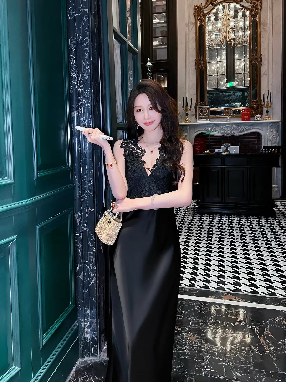 Women's Summer Acetate & Lace V-Neck Dress – Premium Style, Slimming Drape, Long Satin Gown