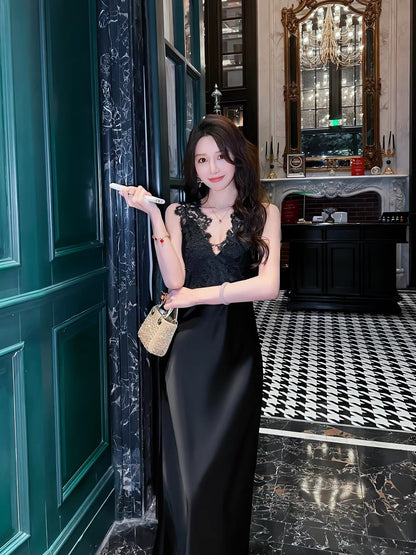 Women's Summer Acetate & Lace V-Neck Dress – Premium Style, Slimming Drape, Long Satin Gown