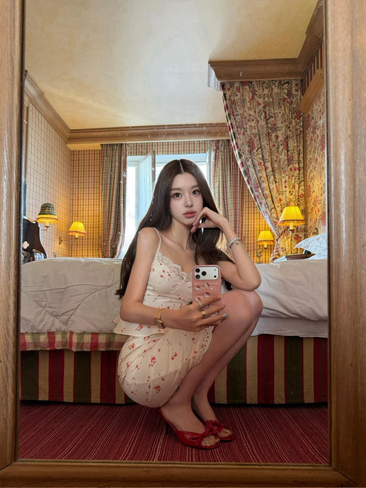 American-style Miss Betty white feminine and charming floral lace camisole top + embroidered midi skirt two-piece set