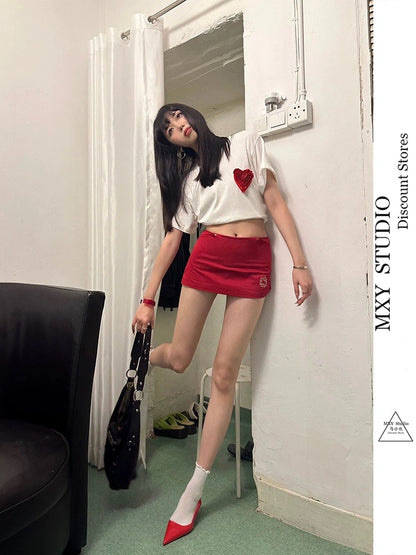 Ma Xiaoye's new Korean style summer red embroidered metal stud low-waist retro short skirt with personalized niche design