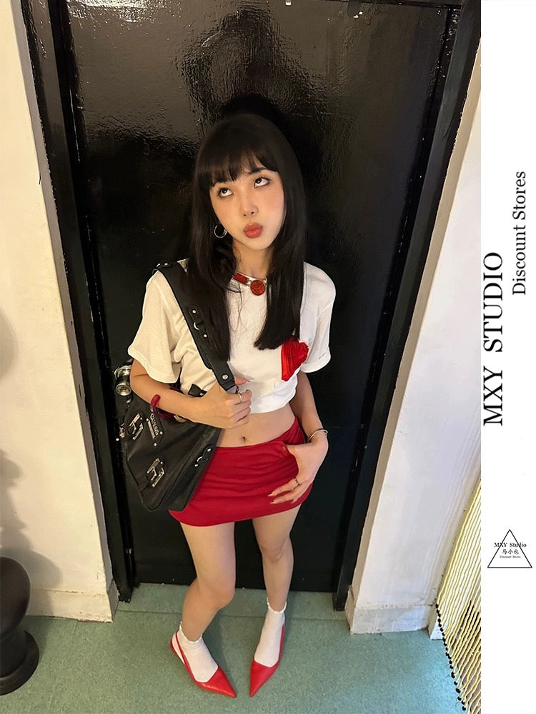Ma Xiaoye's new Korean style summer red embroidered metal stud low-waist retro short skirt with personalized niche design