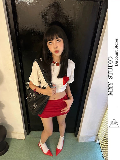 Ma Xiaoye's new Korean style summer red embroidered metal stud low-waist retro short skirt with personalized niche design