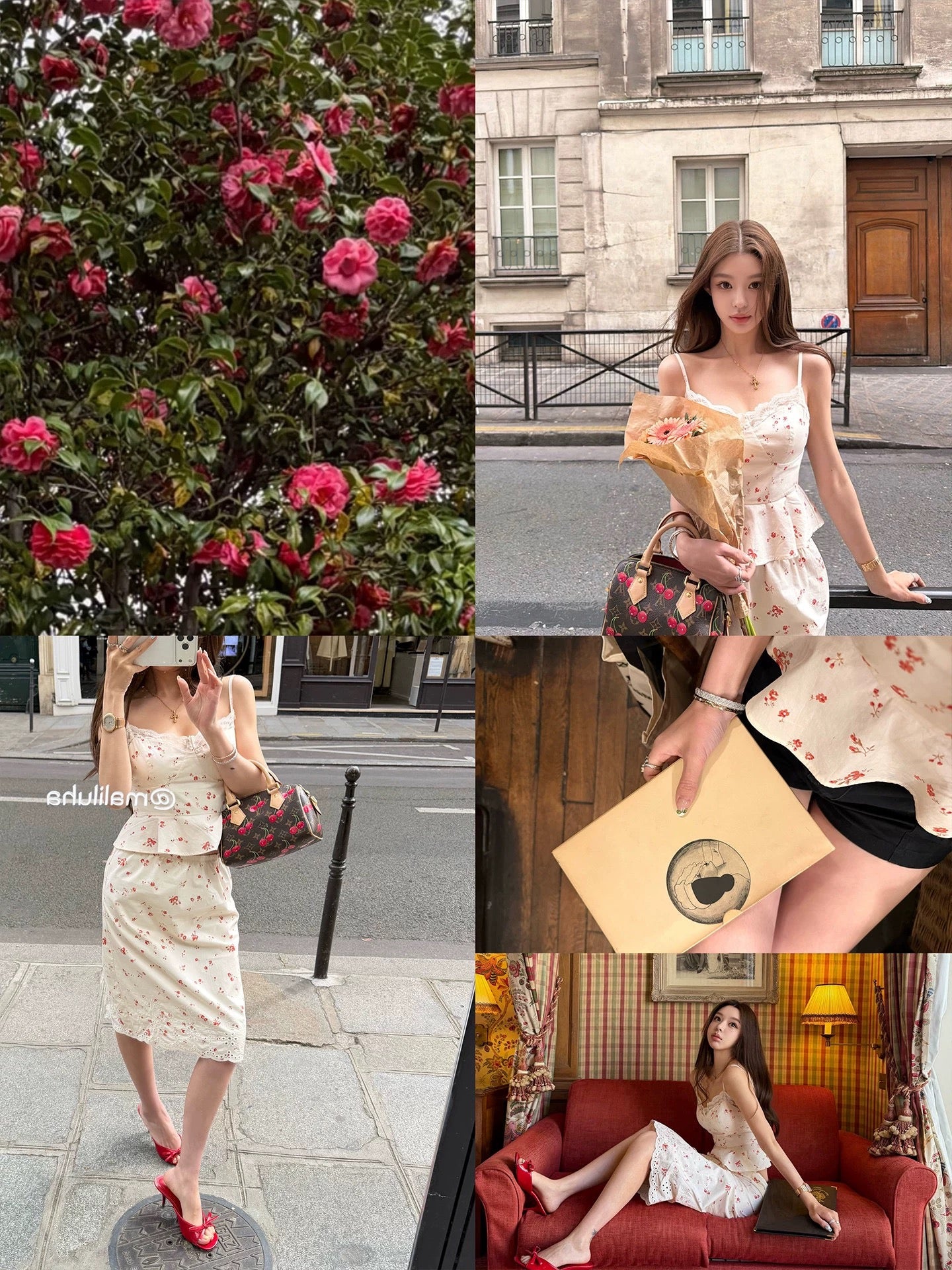 American-style Miss Betty white feminine and charming floral lace camisole top + embroidered midi skirt two-piece set