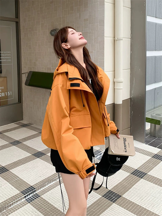 Short orange jacket for women autumn workwear short windbreaker top popular street style niche Korean style