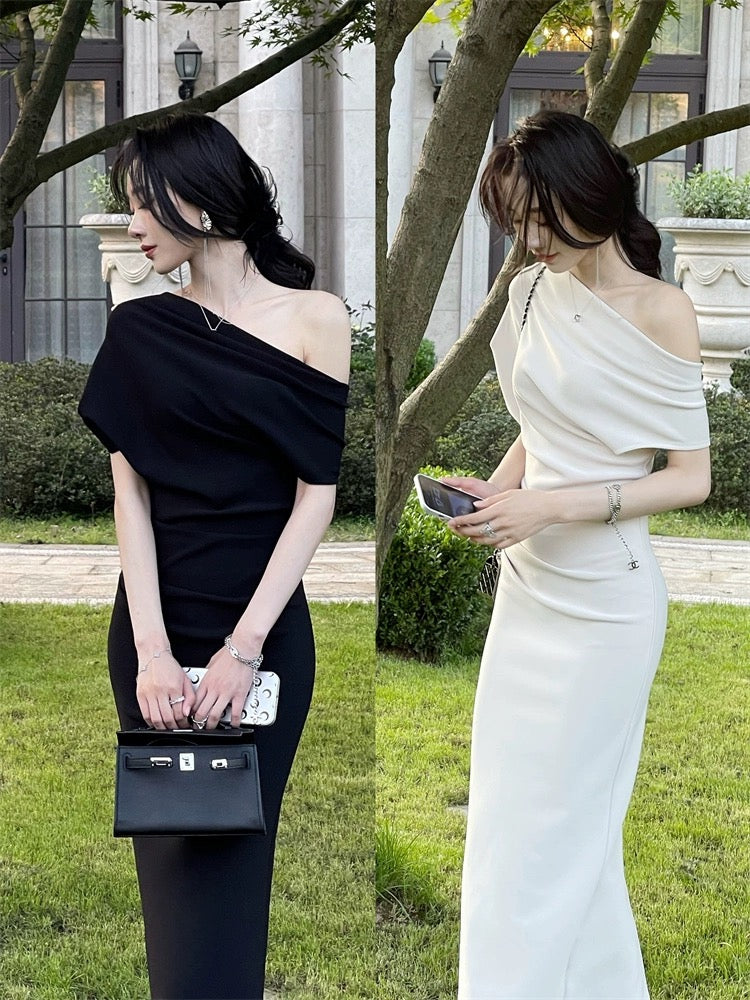 Swing collar, slanted shoulders, off-shoulders, sexy mid-length, irregular waist, hip-hugging pleated dress, women's summer wear