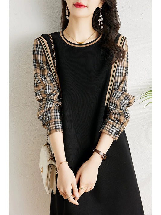 Autumn clothing 2024 new Korean style fashion loose slimming fat sister fake two-piece plaid splicing dress for women