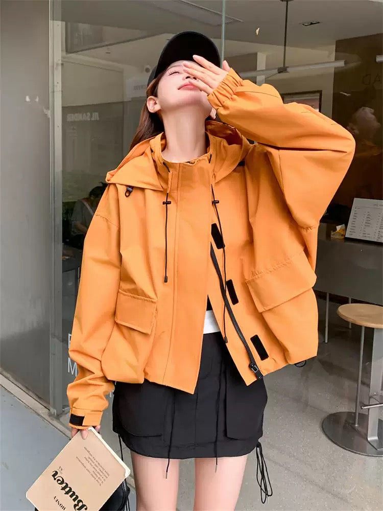 Short orange jacket for women autumn workwear short windbreaker top popular street style niche Korean style