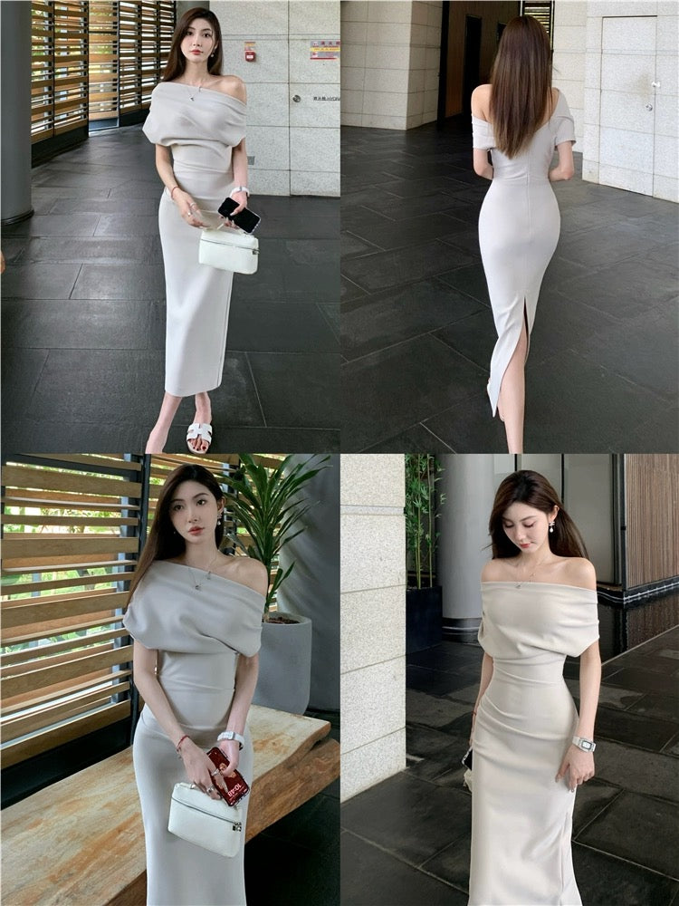 Swing collar, slanted shoulders, off-shoulders, sexy mid-length, irregular waist, hip-hugging pleated dress, women's summer wear