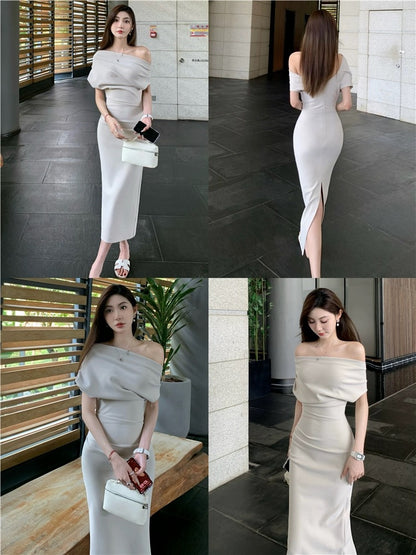 Swing collar, slanted shoulders, off-shoulders, sexy mid-length, irregular waist, hip-hugging pleated dress, women's summer wear