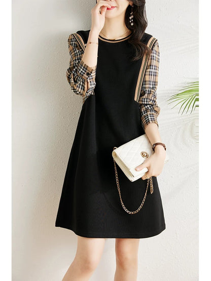 Autumn clothing 2024 new Korean style fashion loose slimming fat sister fake two-piece plaid splicing dress for women