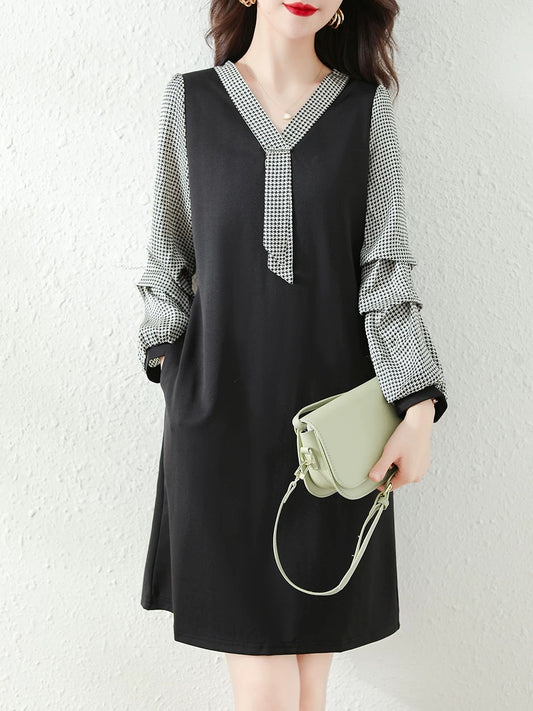 Women's 2024 French New Autumn Clothes Loose Belly Covering Slimming Fat MM Black Fake Two Piece Large Size Long Sleeve Dress