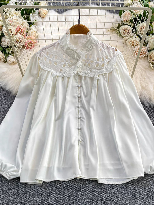 Retro-style court-inspired hollowed-out lace stand-collar shirt for women, new 2025 style, casual, versatile, Korean-inspired, gentle look.