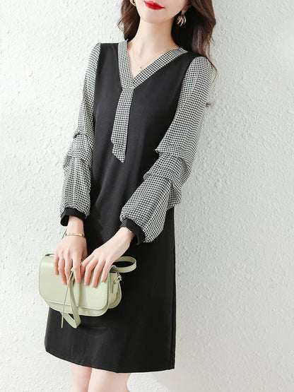 Women's 2024 French New Autumn Clothes Loose Belly Covering Slimming Fat MM Black Fake Two Piece Large Size Long Sleeve Dress