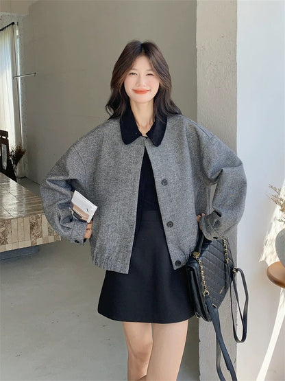 Age-reducing contrasting lapel gray short jacket for women Spring and Autumn 2025 new style small size slimming super good-looking tops super hot