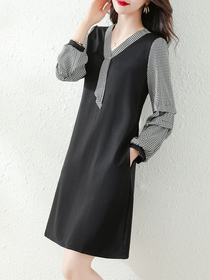 Women's 2024 French New Autumn Clothes Loose Belly Covering Slimming Fat MM Black Fake Two Piece Large Size Long Sleeve Dress
