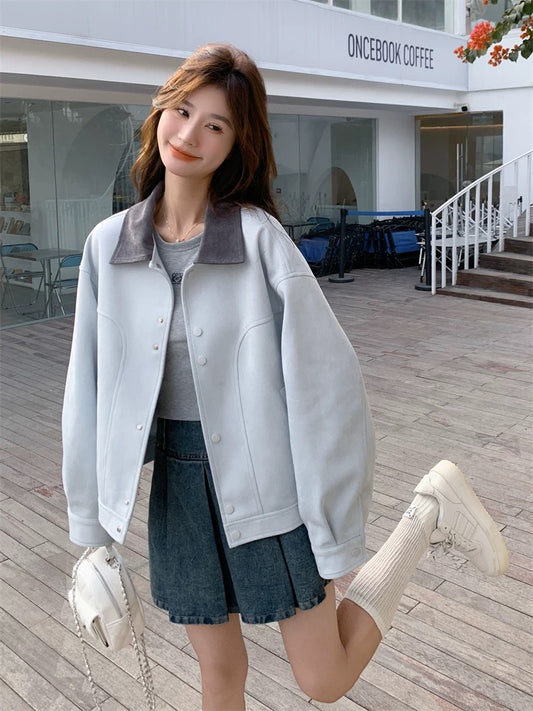 Contrast color lapel short jacket for women spring and autumn 2025 new style small size popular super hot all-match casual jacket