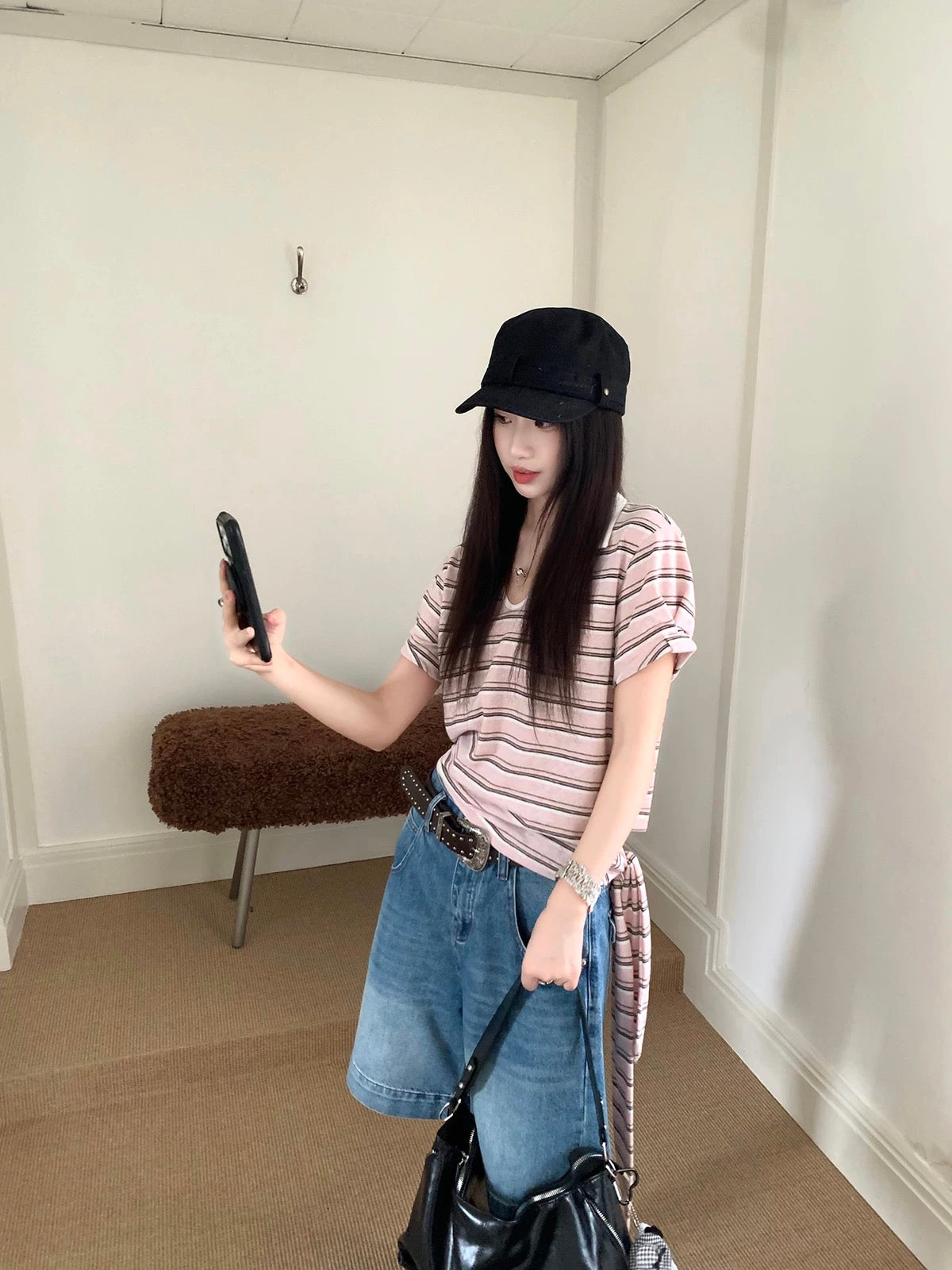 Joeyoo Summer New Loose Pink Striped T-Shirt for Women, Short Sleeve, Stylish Design, Tie-Waist Top