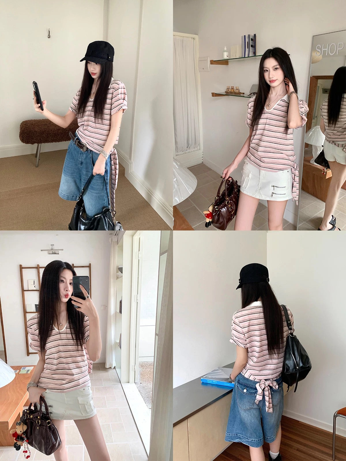 Joeyoo Summer New Loose Pink Striped T-Shirt for Women, Short Sleeve, Stylish Design, Tie-Waist Top