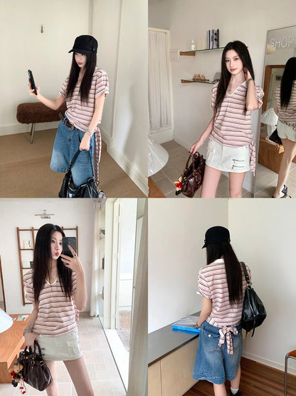 Joeyoo Summer New Loose Pink Striped T-Shirt for Women, Short Sleeve, Stylish Design, Tie-Waist Top
