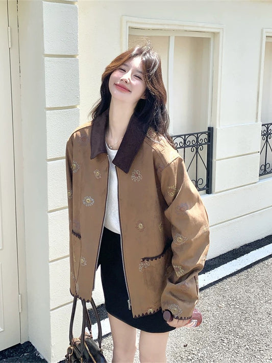 Age-reducing retro embroidery contrast color lapel suede casual jacket for women spring and autumn 2025 new style small size super good looking