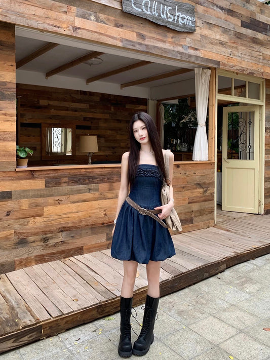 Joeyoo's new design lace-trimmed strapless denim dress for women, mid-length, full skirt, fitted waist.