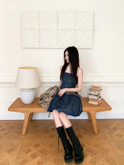Joeyoo's new design lace-trimmed strapless denim dress for women, mid-length, full skirt, fitted waist.