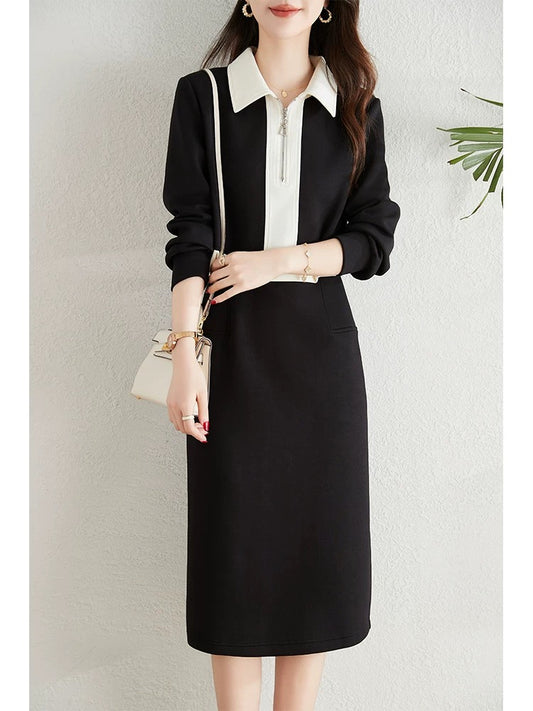 Contrast color splicing fake two-piece dress for women 2024 autumn new style waist slimming long casual sweatshirt dress