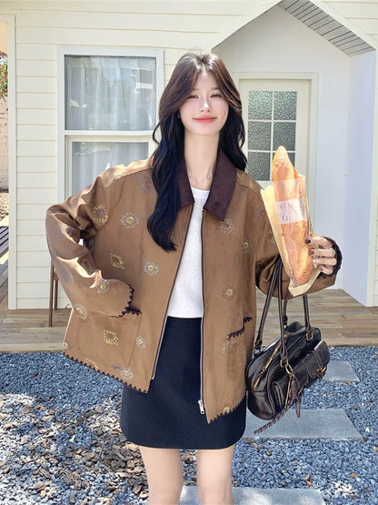 Age-reducing retro embroidery contrast color lapel suede casual jacket for women spring and autumn 2025 new style small size super good looking