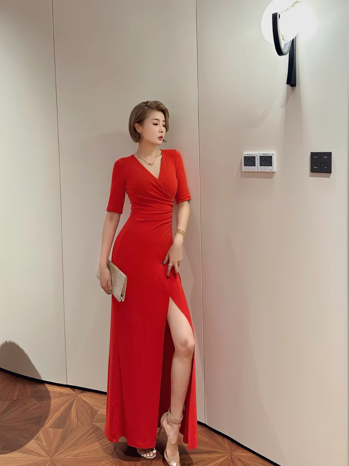 XULU Original Design: Merino Mousse Cotton Wrap-Style V-Neck Midi Dress with Side-Waist Ruching, Slit, and Mid-Length Sleeves.