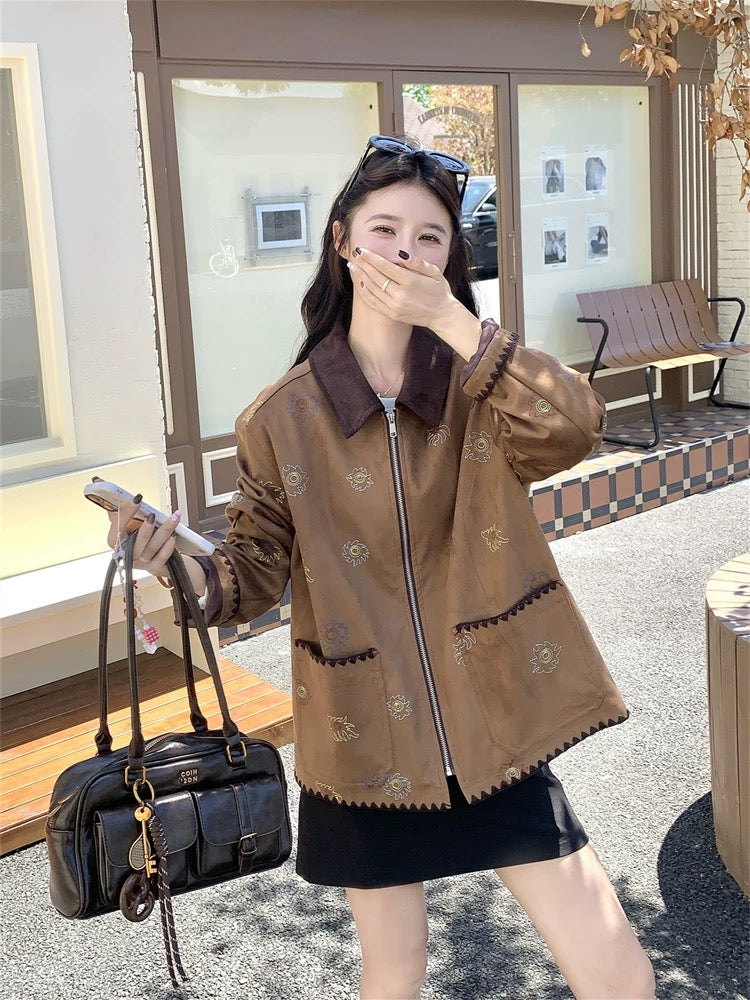 Age-reducing retro embroidery contrast color lapel suede casual jacket for women spring and autumn 2025 new style small size super good looking