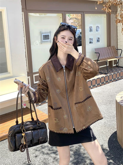 Age-reducing retro embroidery contrast color lapel suede casual jacket for women spring and autumn 2025 new style small size super good looking