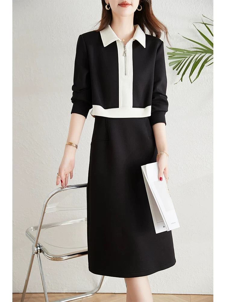Contrast color splicing fake two-piece dress for women 2024 autumn new style waist slimming long casual sweatshirt dress