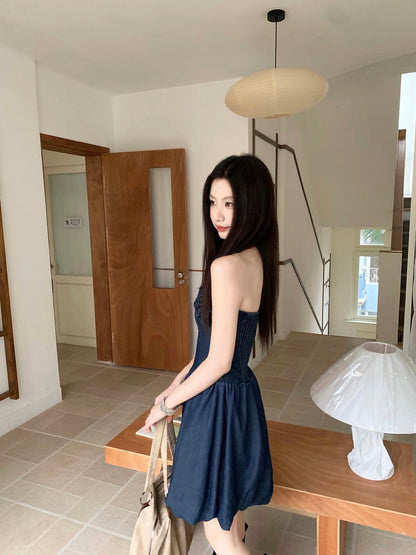 Joeyoo's new design lace-trimmed strapless denim dress for women, mid-length, full skirt, fitted waist.