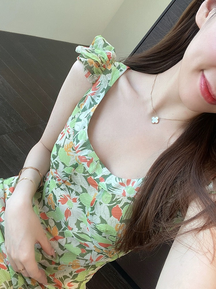 AMR UU◆Vacation style French romantic white and green printed long skirt with waist slimming dress for women summer new style