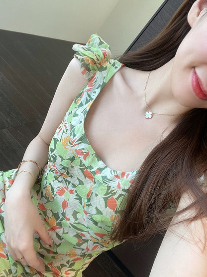 AMR UU◆Vacation style French romantic white and green printed long skirt with waist slimming dress for women summer new style